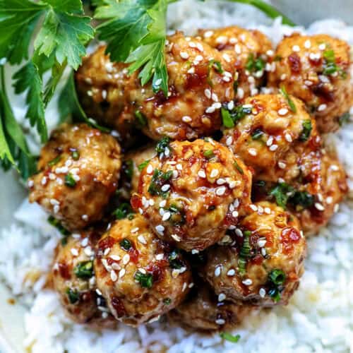 turkey teriyaki meatballs with rice.