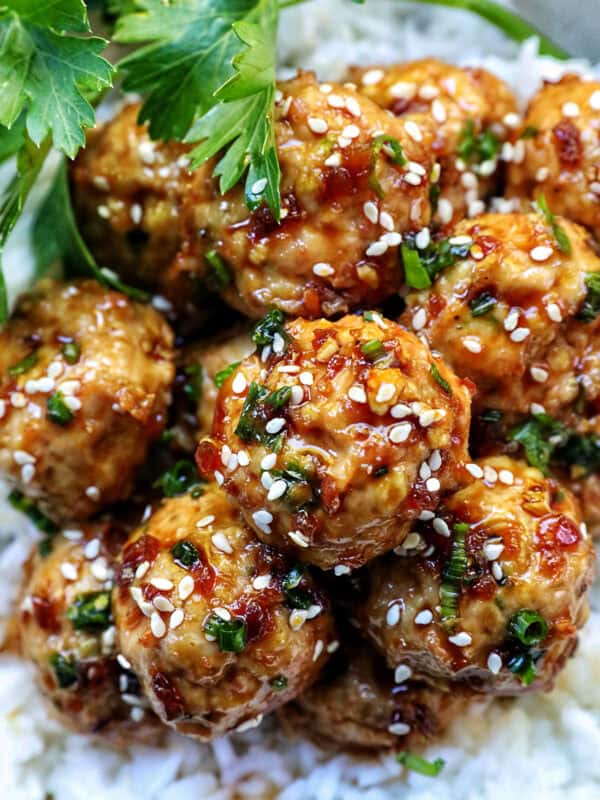 turkey teriyaki meatballs with rice.