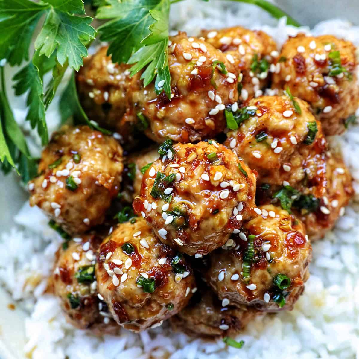 turkey teriyaki meatballs with rice.