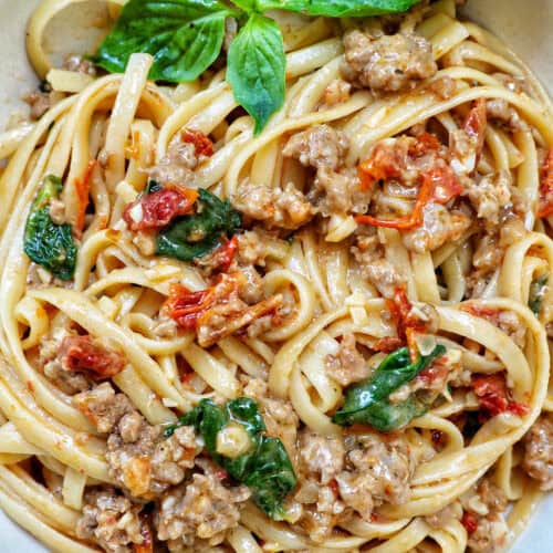 bowl of Tuscan Sausage Pasta.
