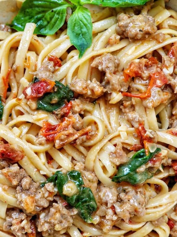 bowl of Tuscan Sausage Pasta.