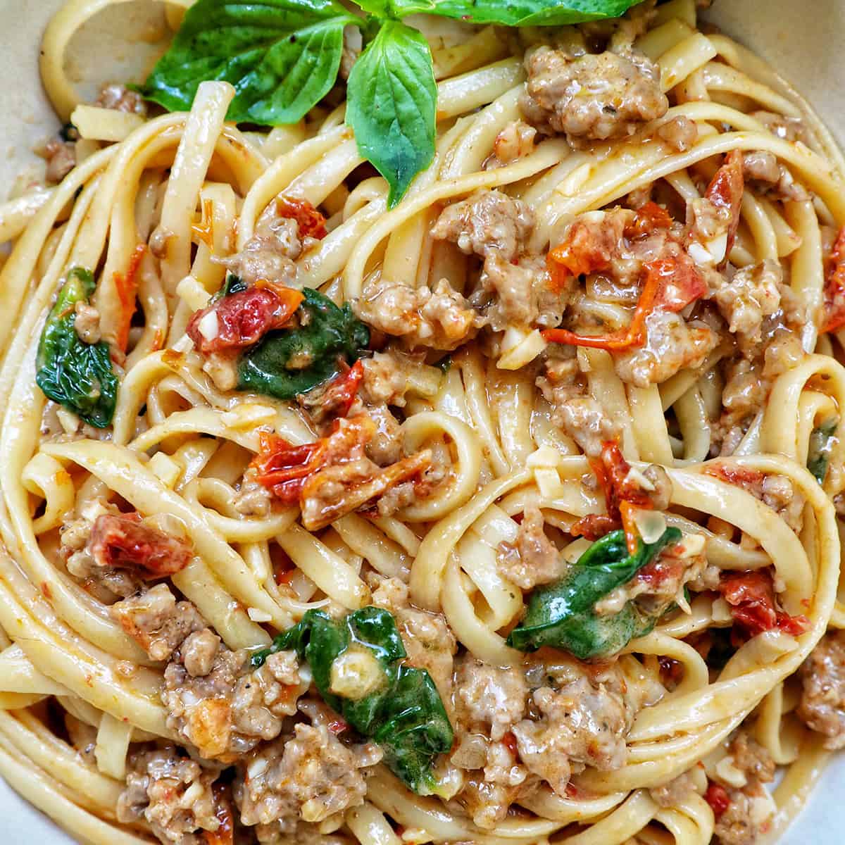 bowl of Tuscan Sausage Pasta.