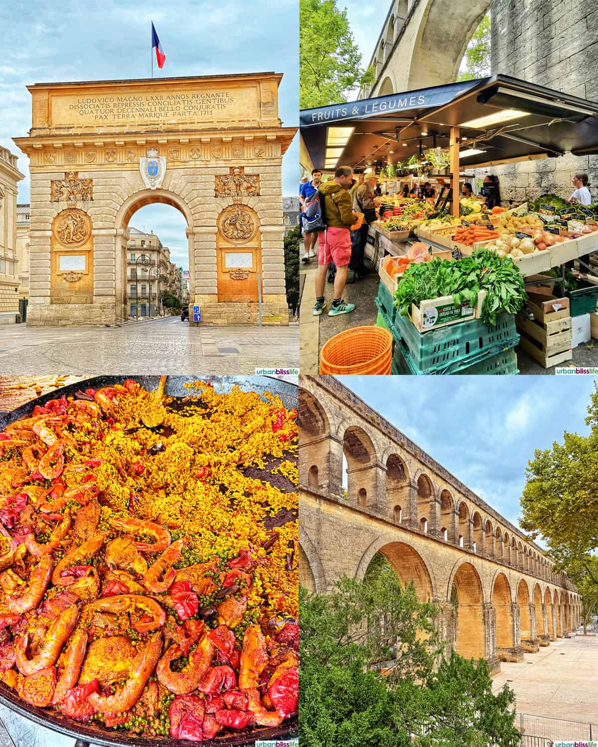 porte du peyrou, aqueduct, and market in montpellier, france