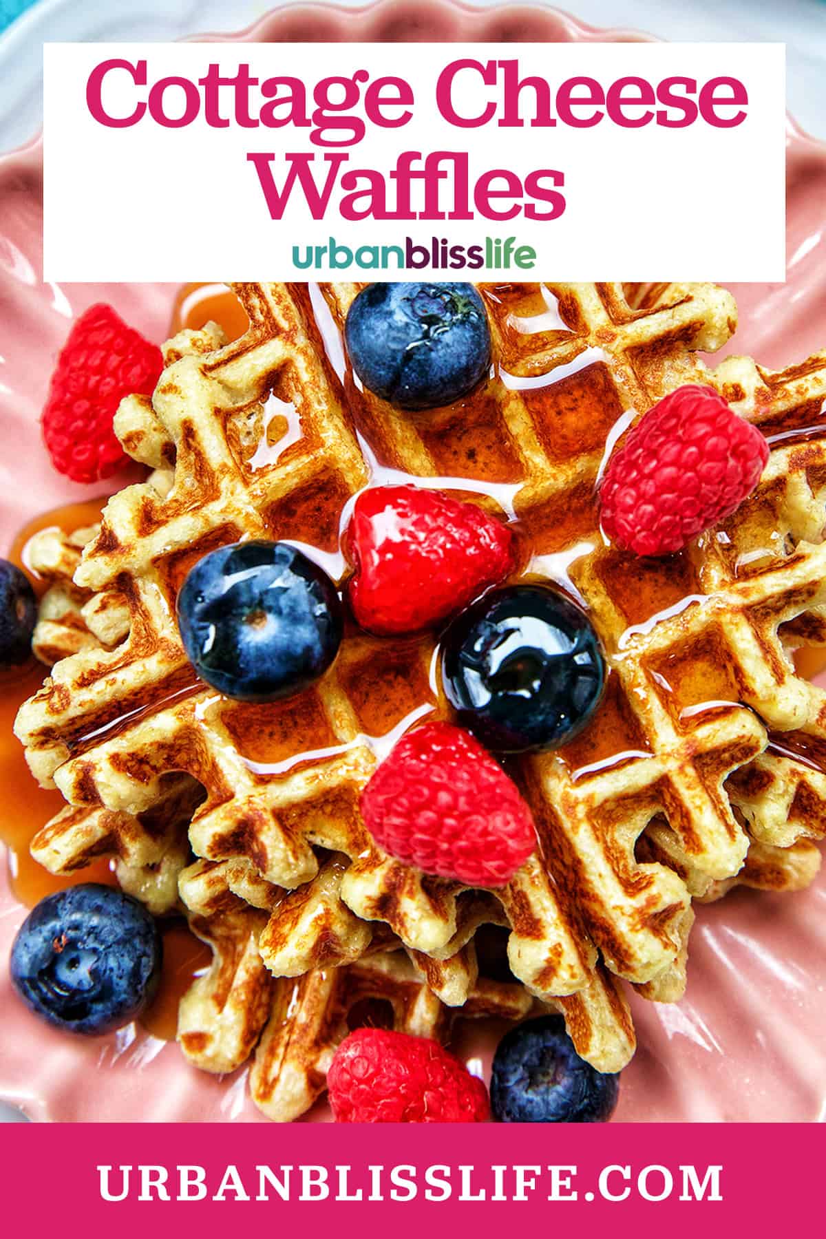 cottage cheese waffles with berries and title text overlay.
