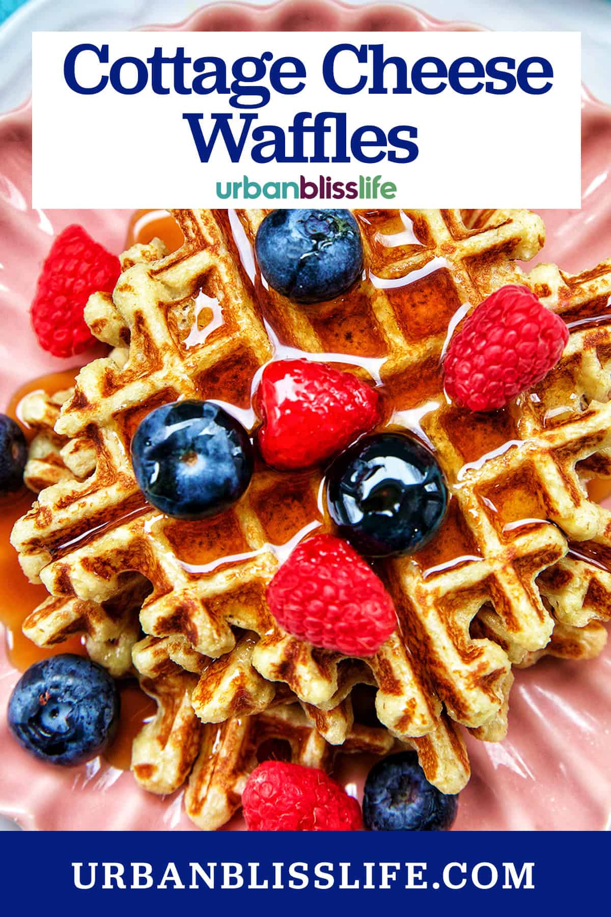 cottage cheese waffles with berries and title text overlay.