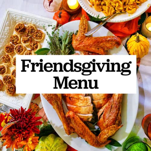 Friendsgiving turkey, mini pecan pies, with title text overlay.