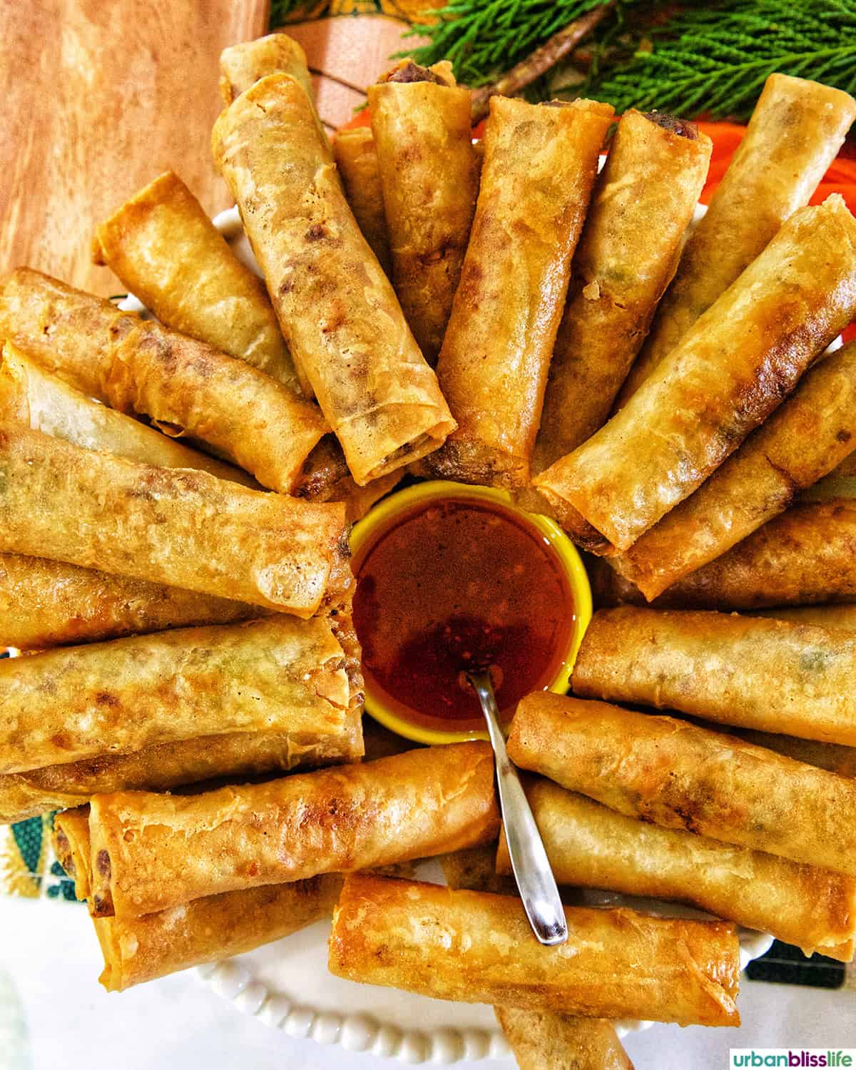 Filipino lumpia with sweet chili sauce.