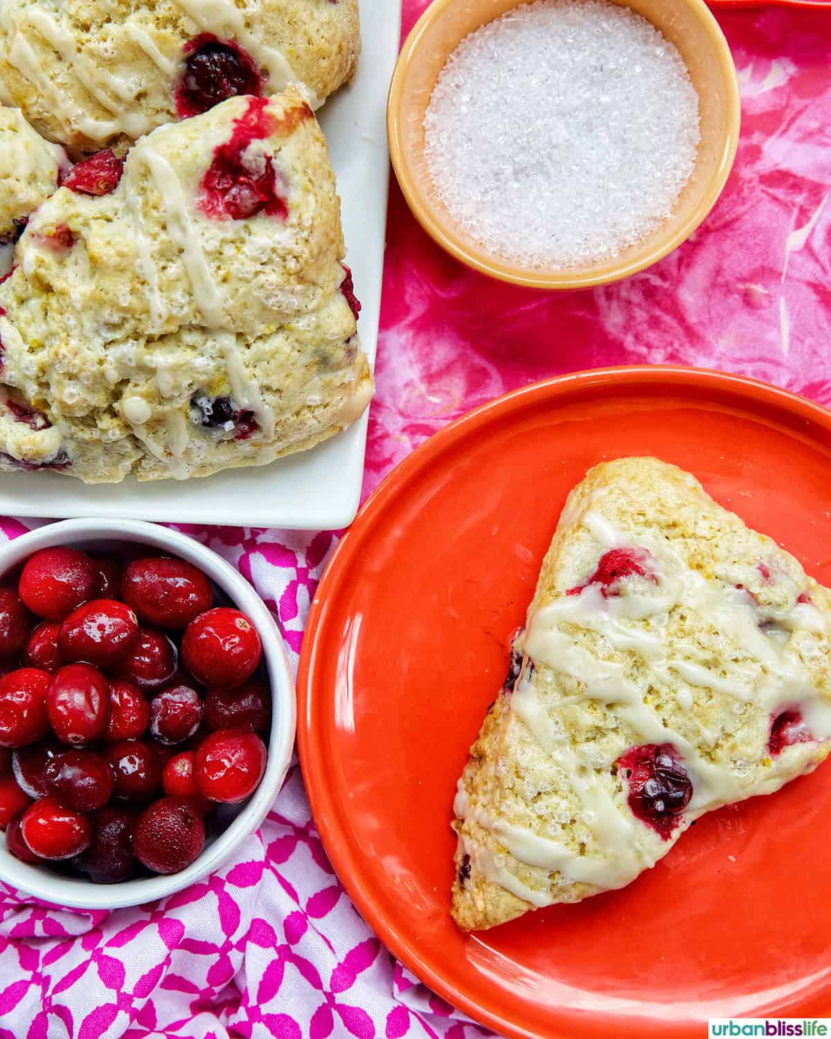orange cranberry scones with orange slices on plates.