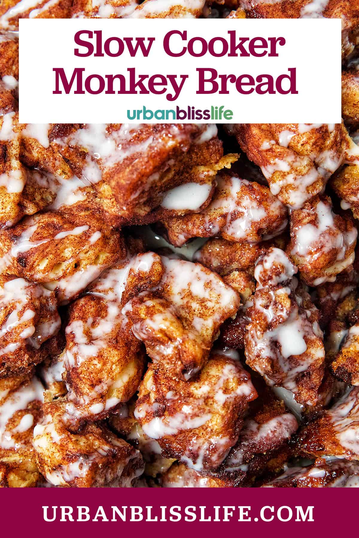 slow cooker monkey bread with vanilla icing and title text overlay.