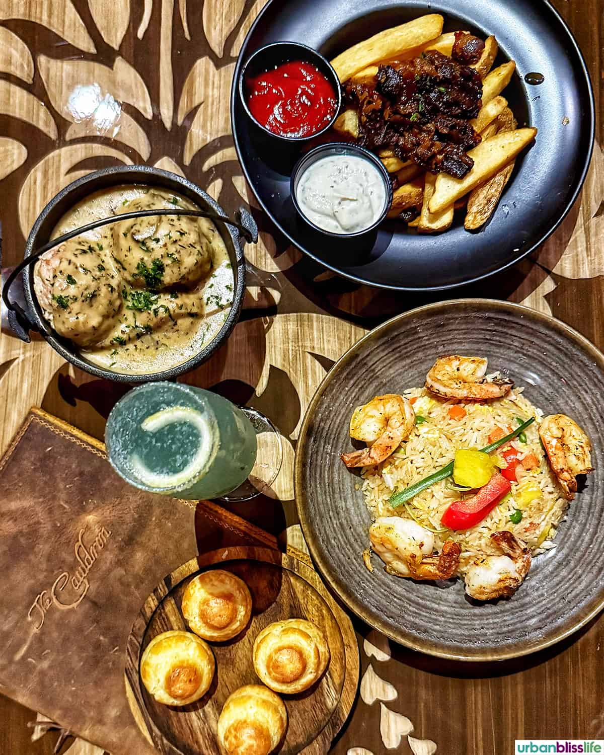 dinner dishes at The Cauldron Spirits & Brews restaurant in Buena Park, California.