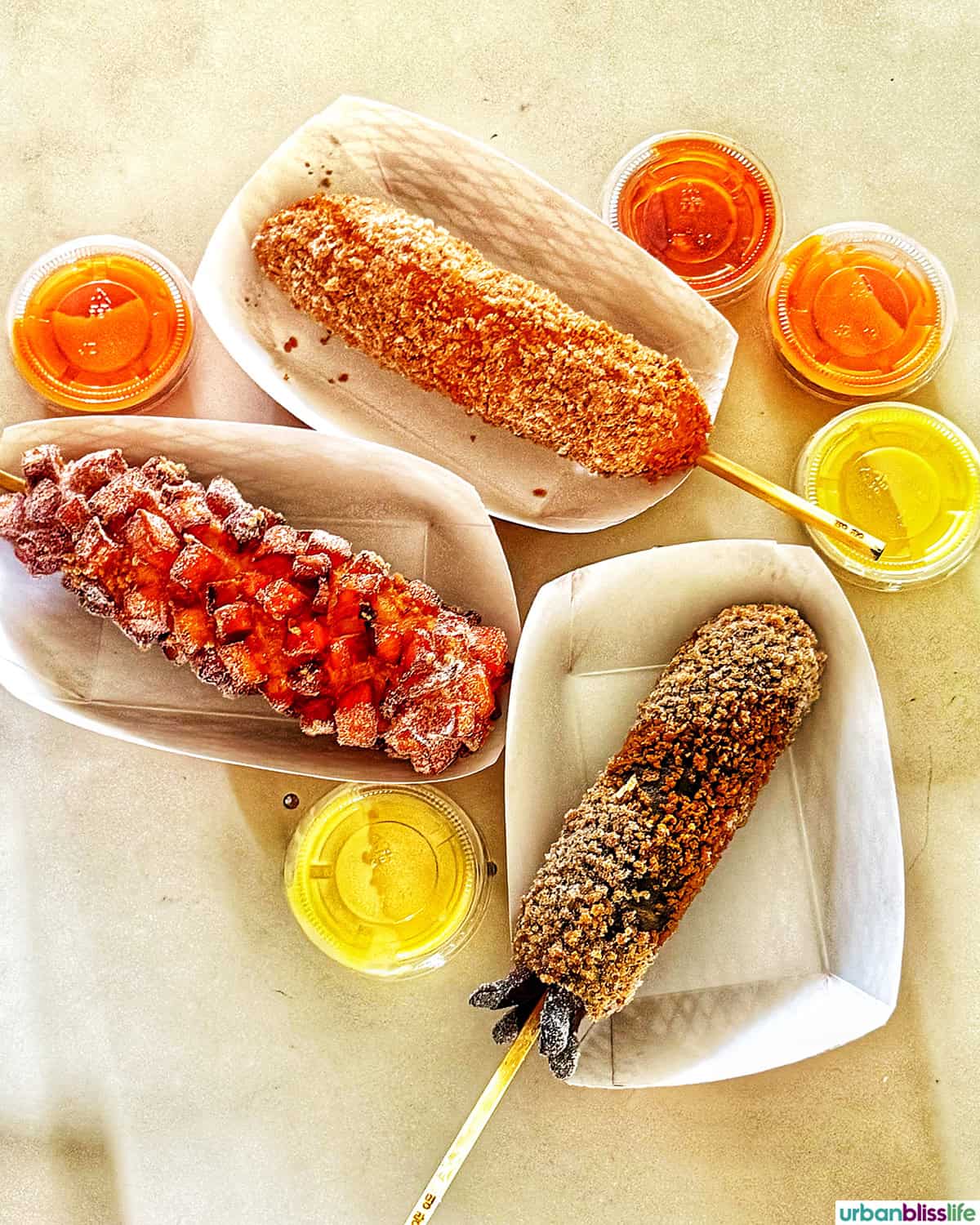 variety of Korean corndogs in Buena Park, California.