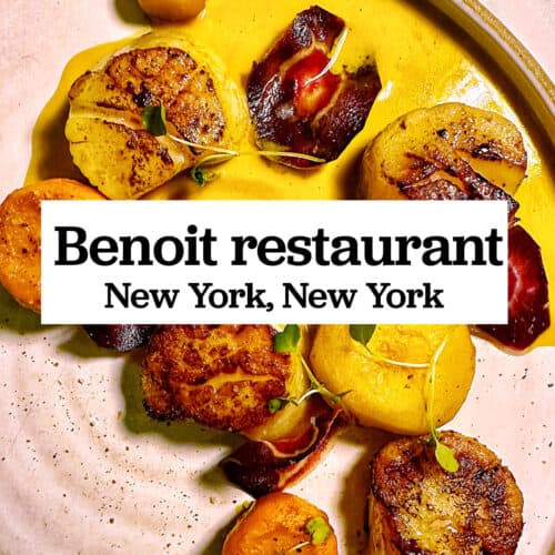 Benoit Restaurant scallops with title text overlay.