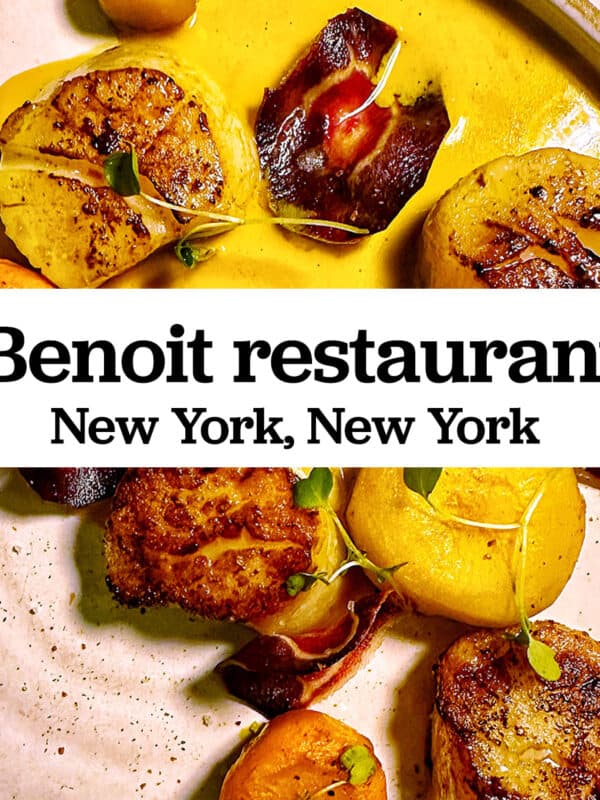 Benoit Restaurant scallops with title text overlay.