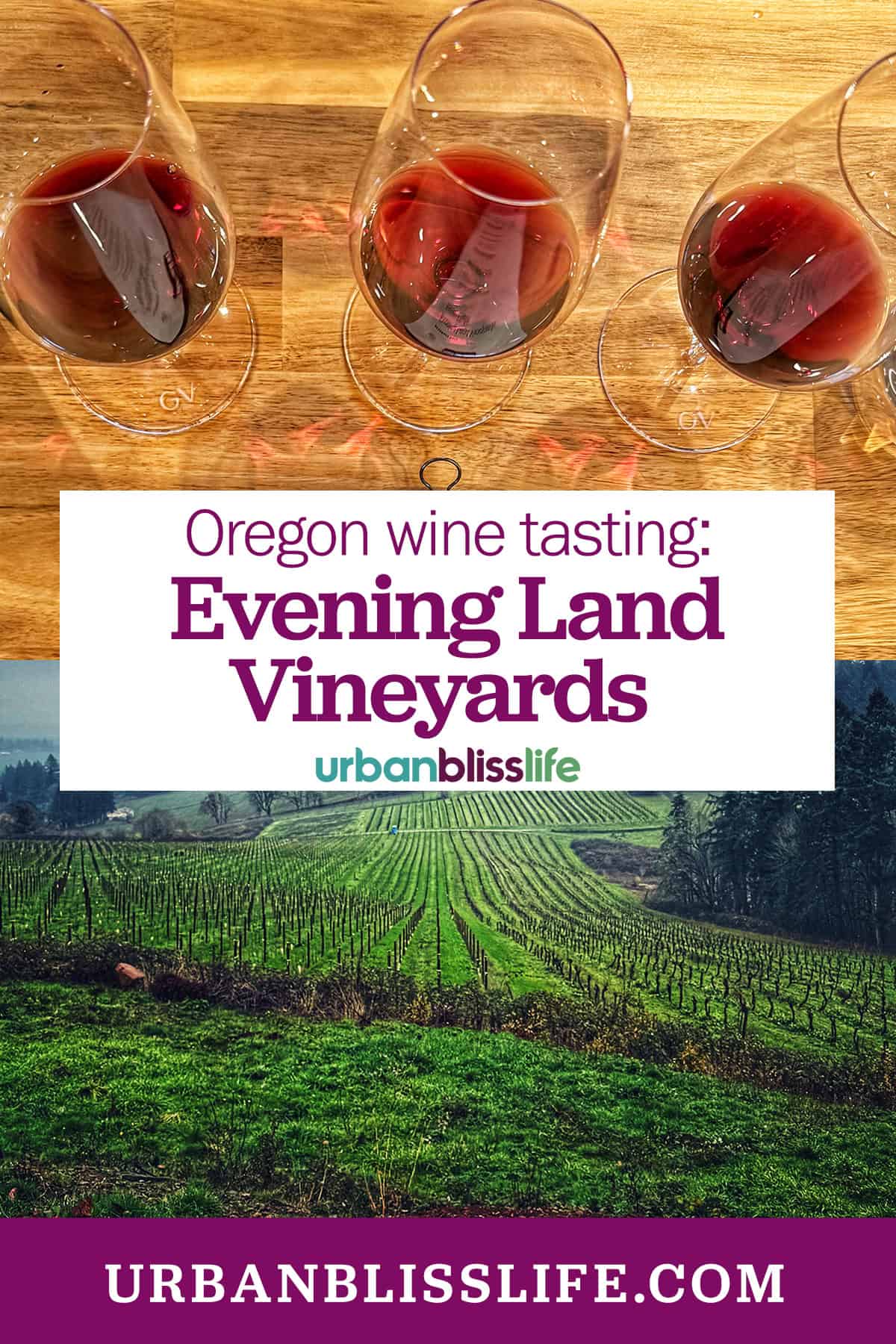 three glasses of red wine and Evening Land Vineyards with title text overlay.