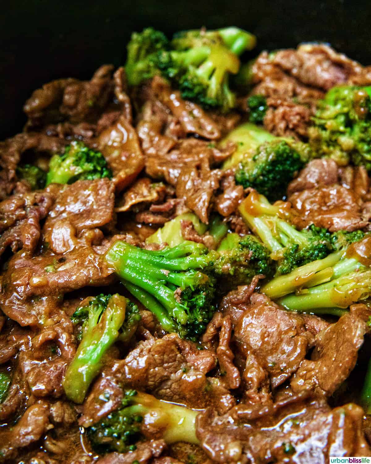 closeup of slow cooker beef and broccoli.