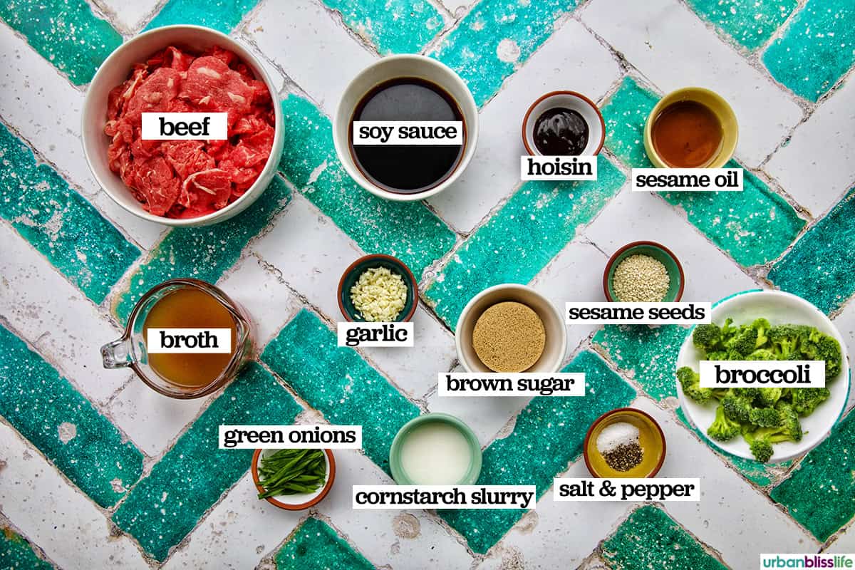 bowls of ingredients to make slow cooker beef and broccoli.