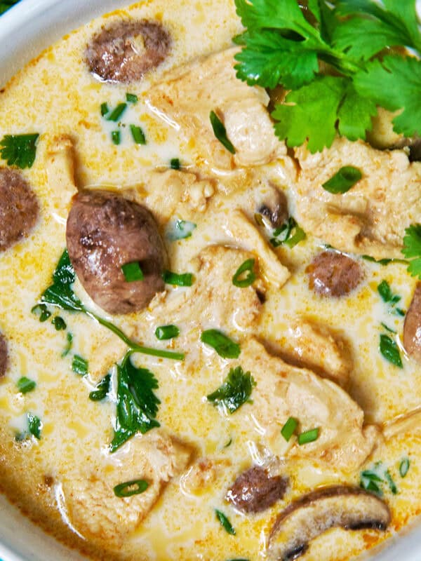 bowl of Thai Coconut Chicken Soup (Tom Kha Gai).