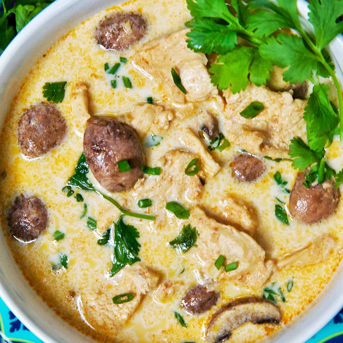bowl of Thai Coconut Chicken Soup (Tom Kha Gai).