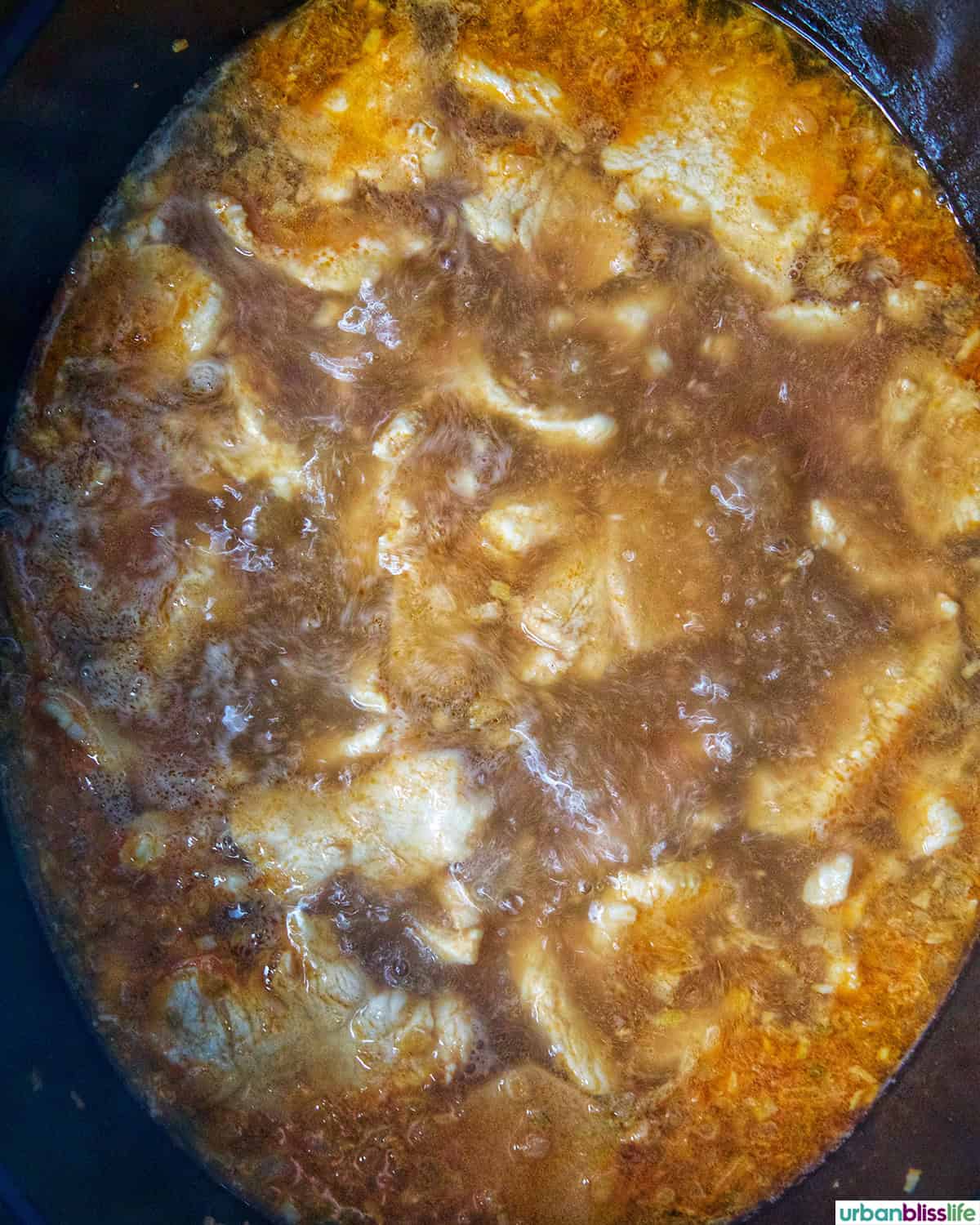 Thai Coconut Chicken Soup (Tom Kha Gai) cooking in a Dutch oven.