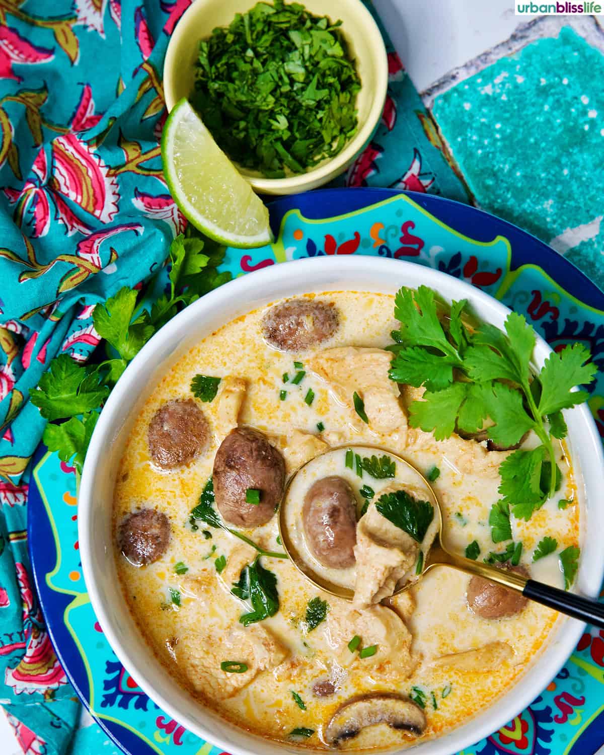 bowl of Thai Coconut Chicken Soup (Tom Kha Gai).