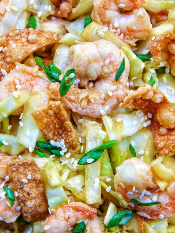 closeup of cabbage and shrimp stir fry