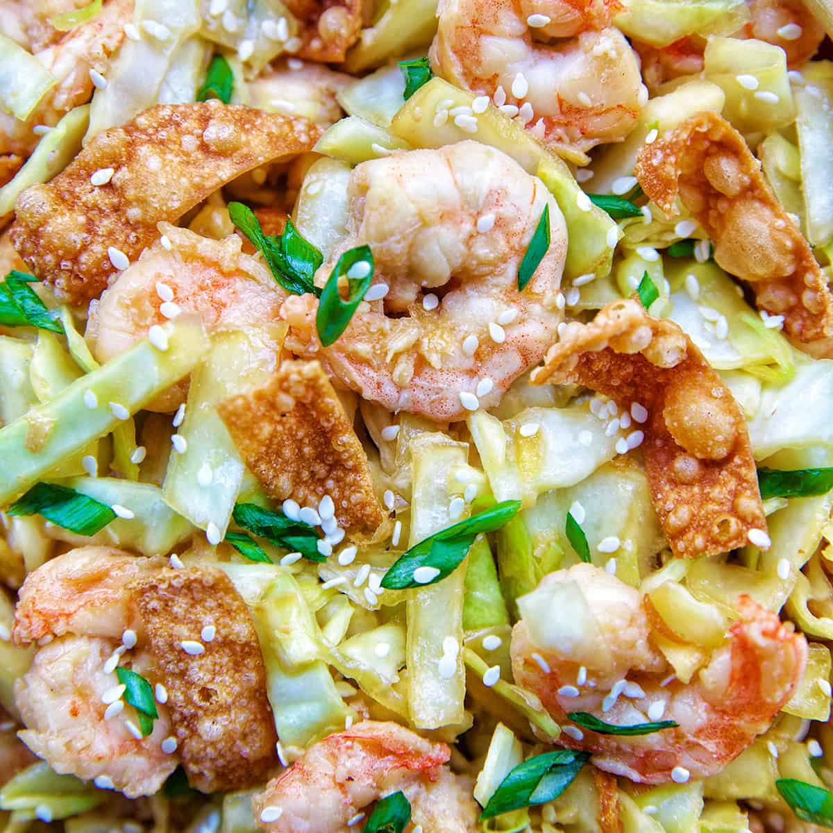 closeup of cabbage and shrimp stir fry