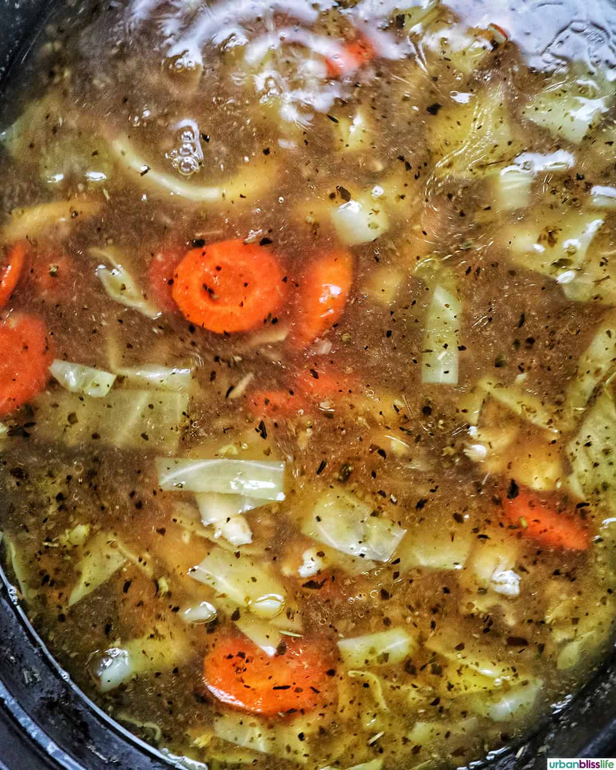 chicken cabbage soup cooking in a dutch oven..