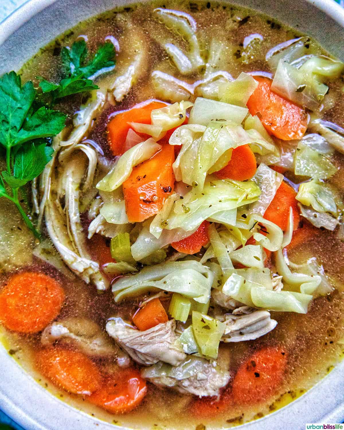 bowl of chicken cabbage soup with spoon, herbs, salt and pepper.