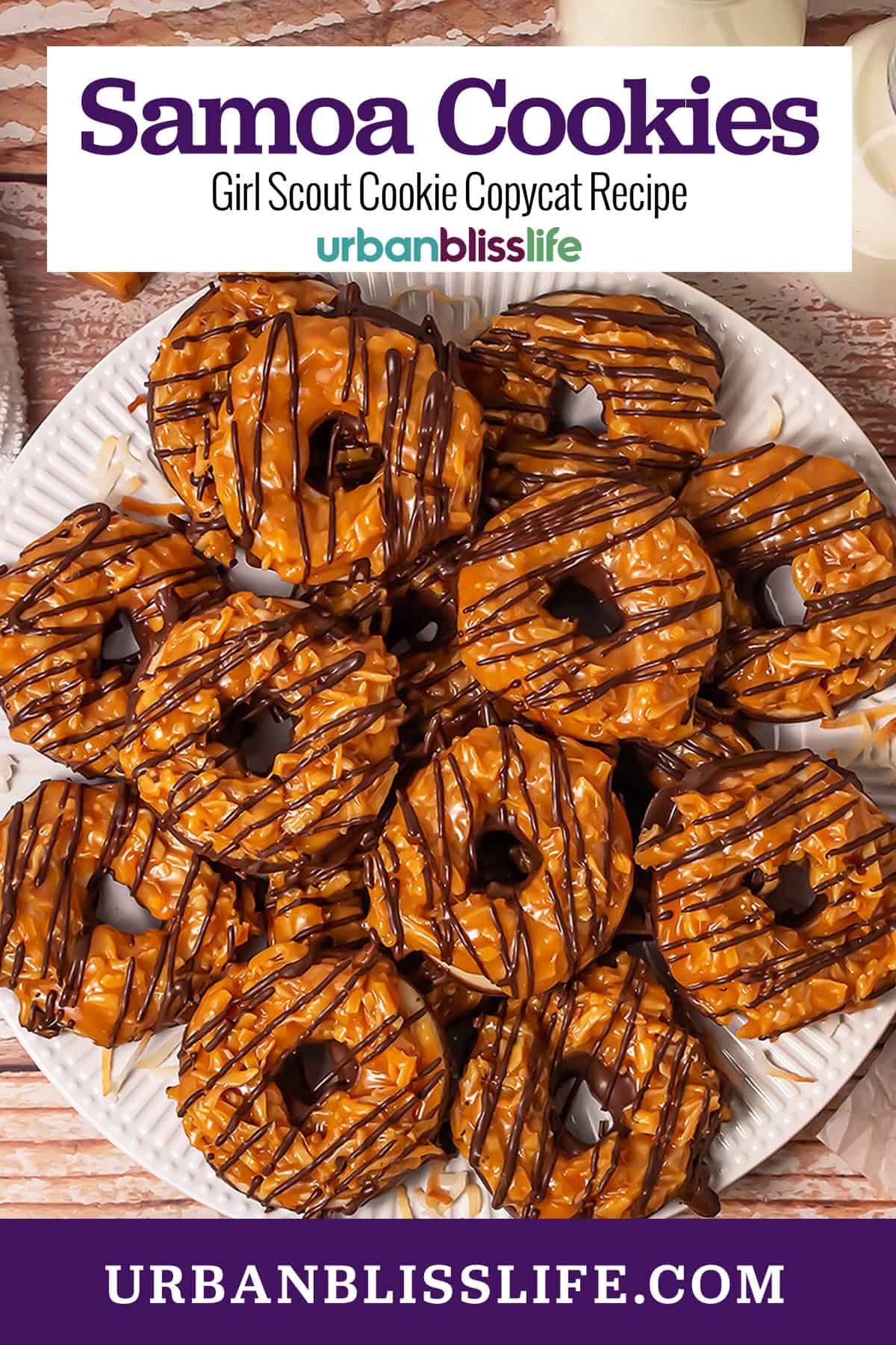 plate full of homemade Samoa Girl Scout cookies with title text overlay.