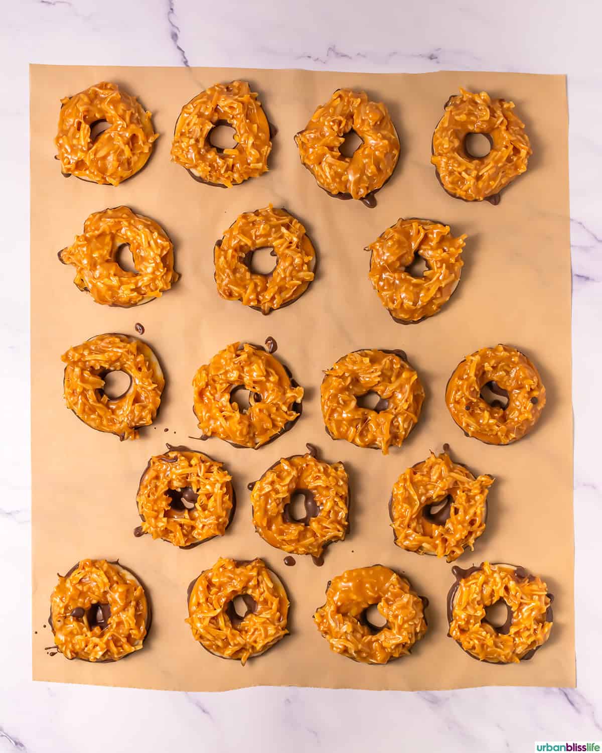 sheet of Samoa cookies without the chocolate drizzle.