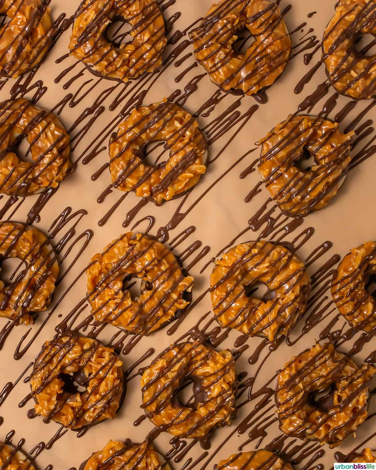 baking sheet of baked Samoa cookies.