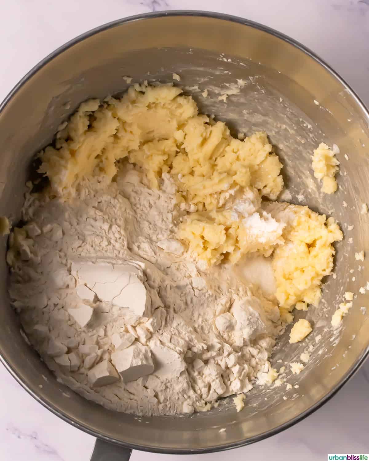cookie dough in a stand mixer bowl.
