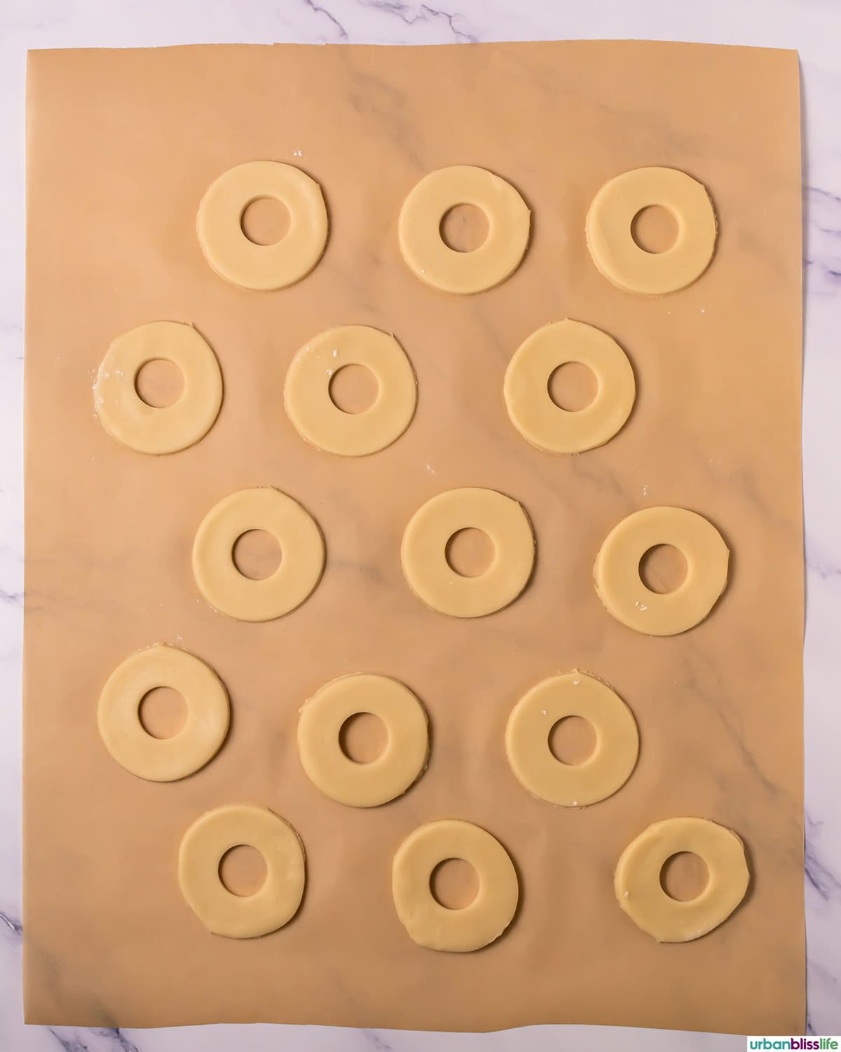 cookie circles on parchment paper.