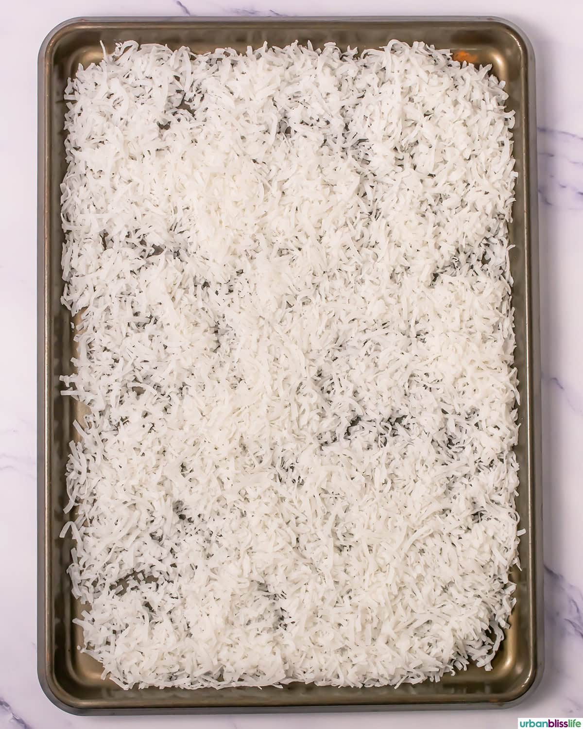 shredded coconut on a baking sheet.