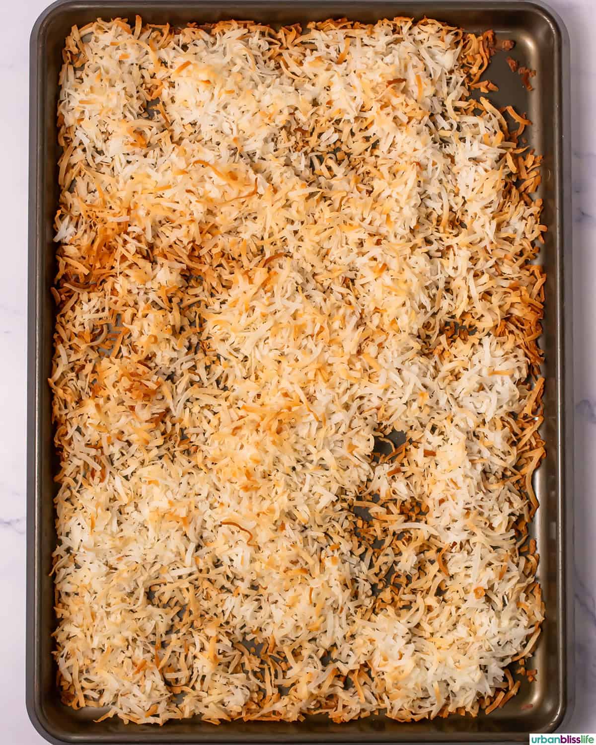 shredded coconut on a baking sheet.