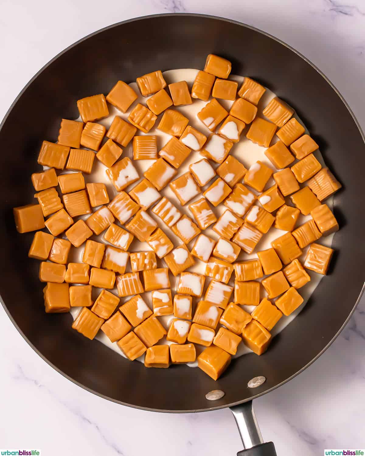 caramel candies in a pan.