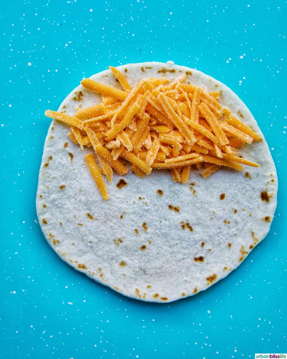 shredded cheese on a tortilla.