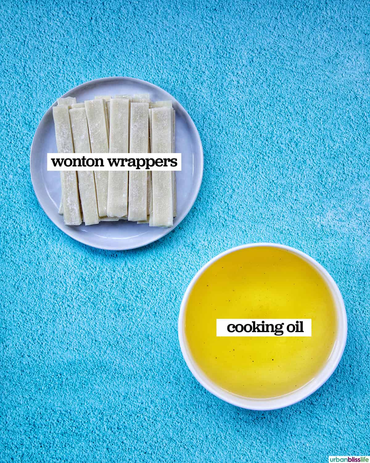 cooking oil and sliced wontons in bowls.