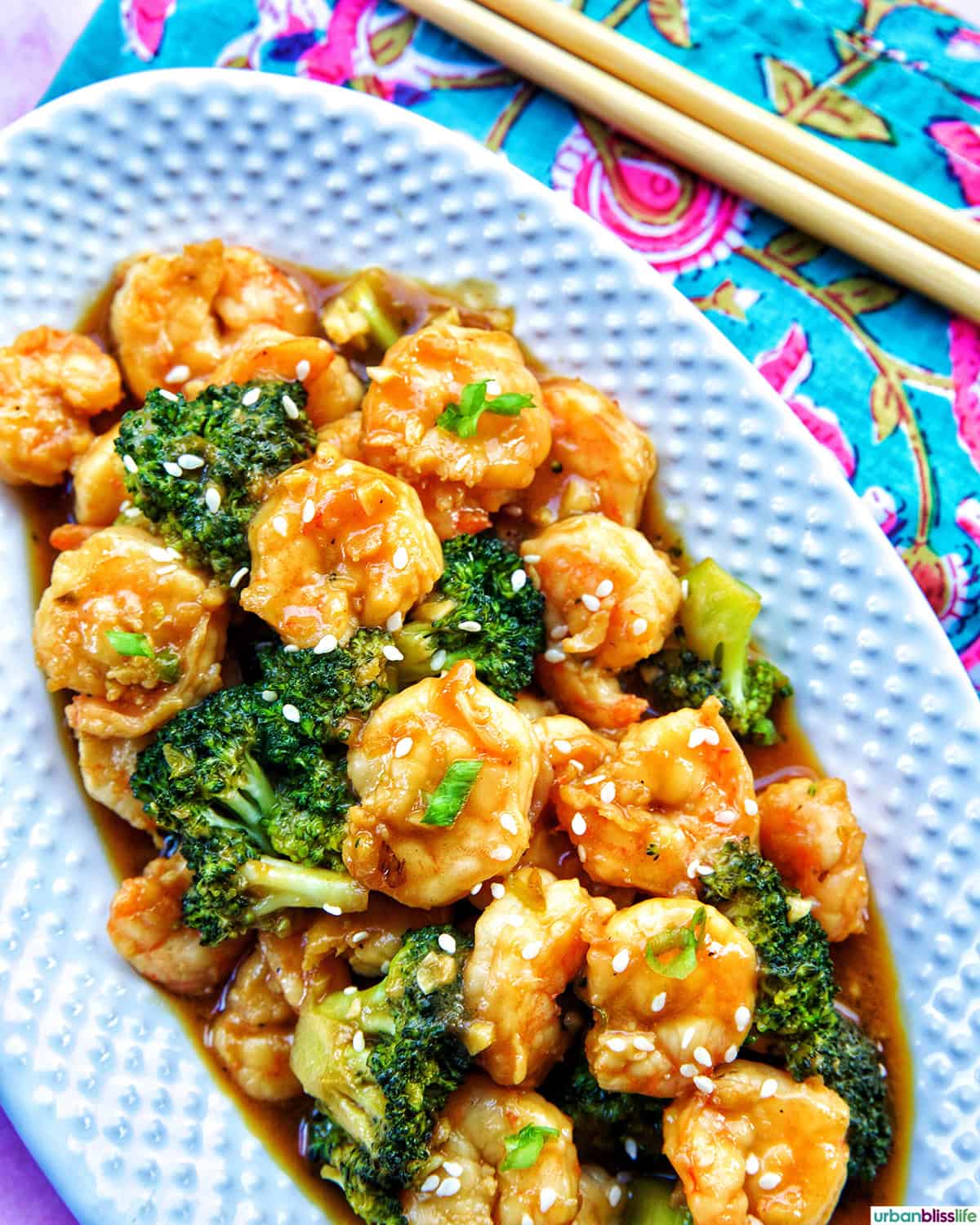 shrimp and broccoli str fry on a white plate.