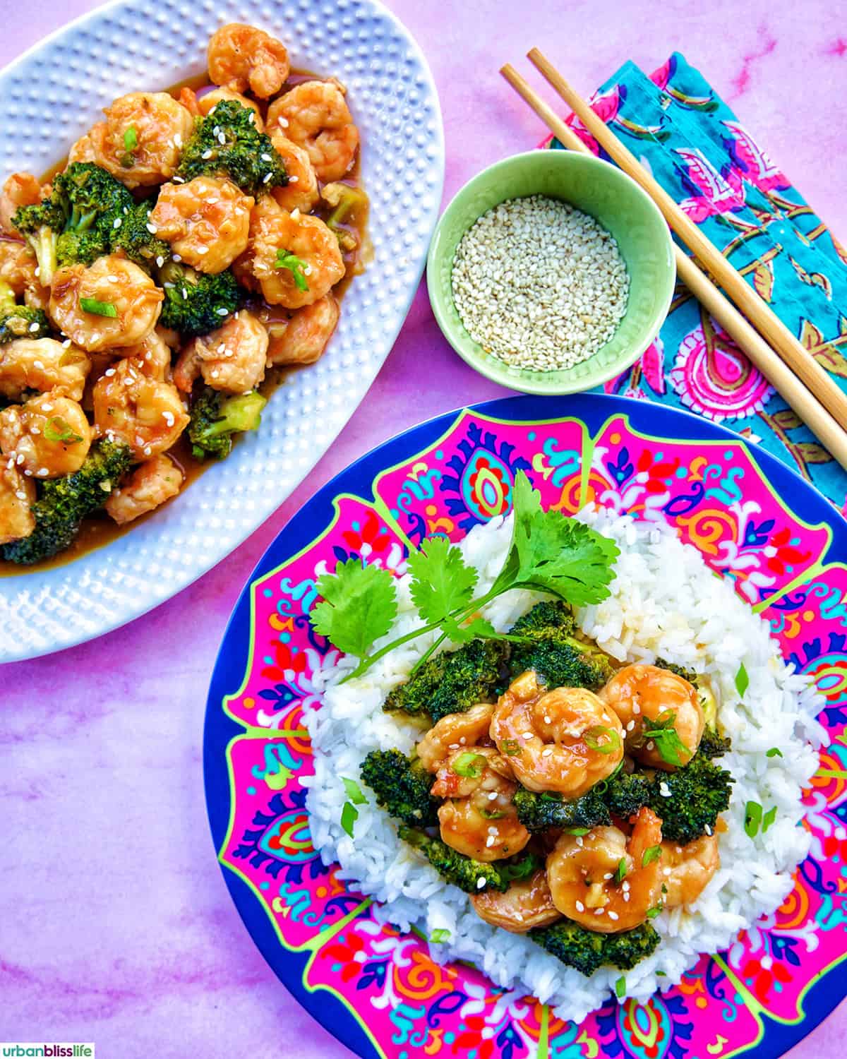 shrimp and broccoli str fry on top of white rice.