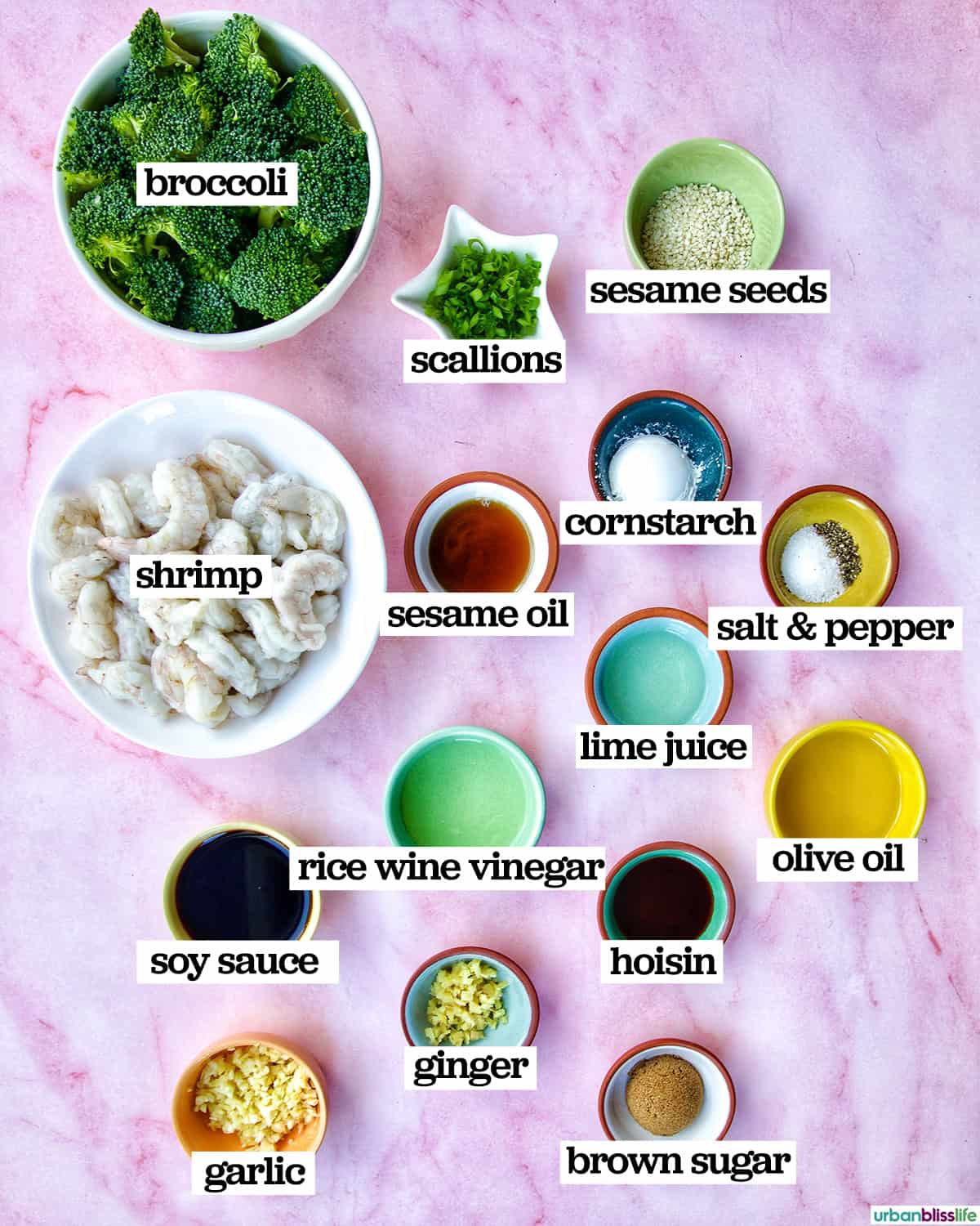 bowls of ingredients to make shrimp and broccoli str fry.