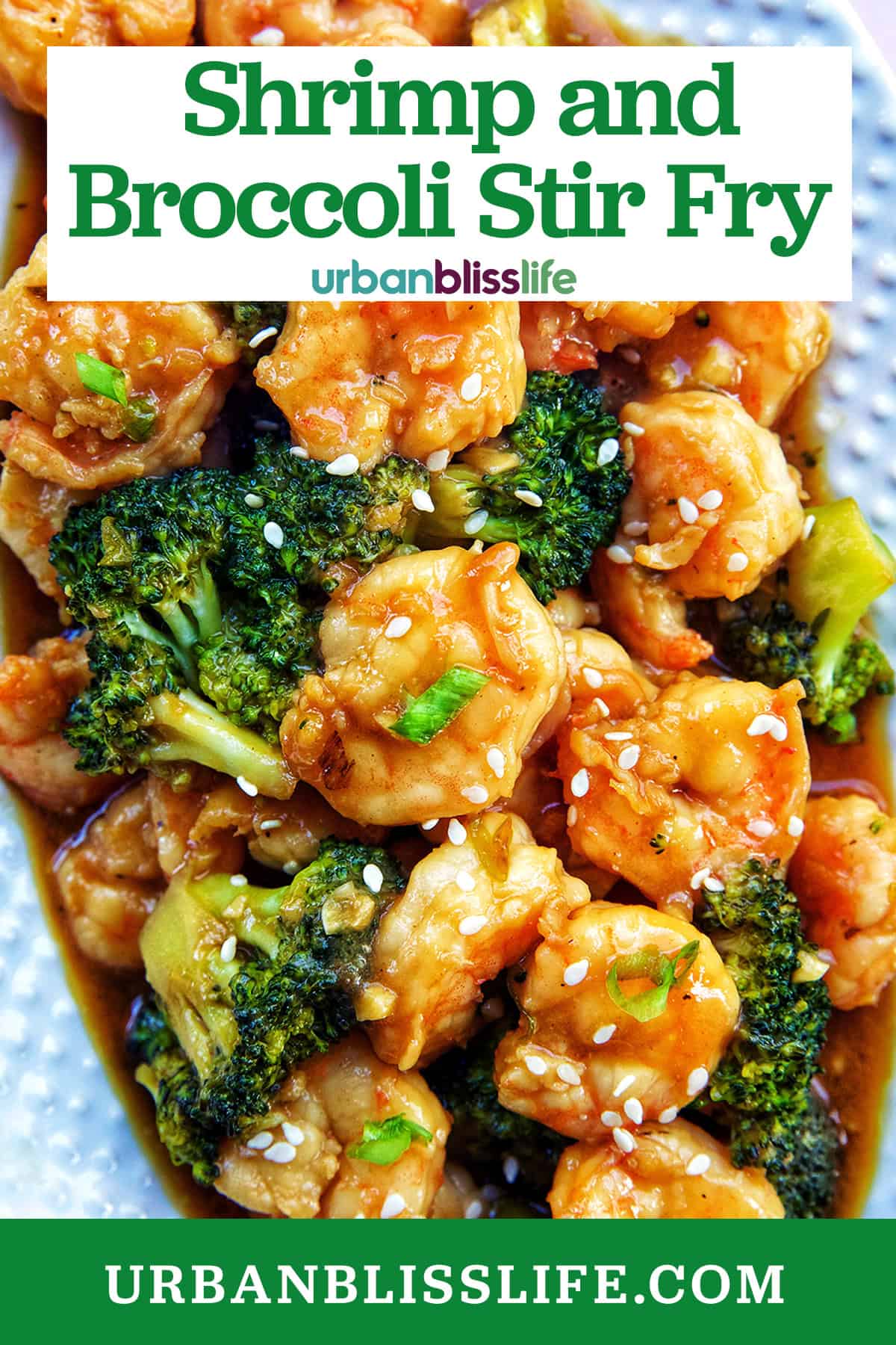 shrimp and broccoli str fry on a white plate with title text overlay.