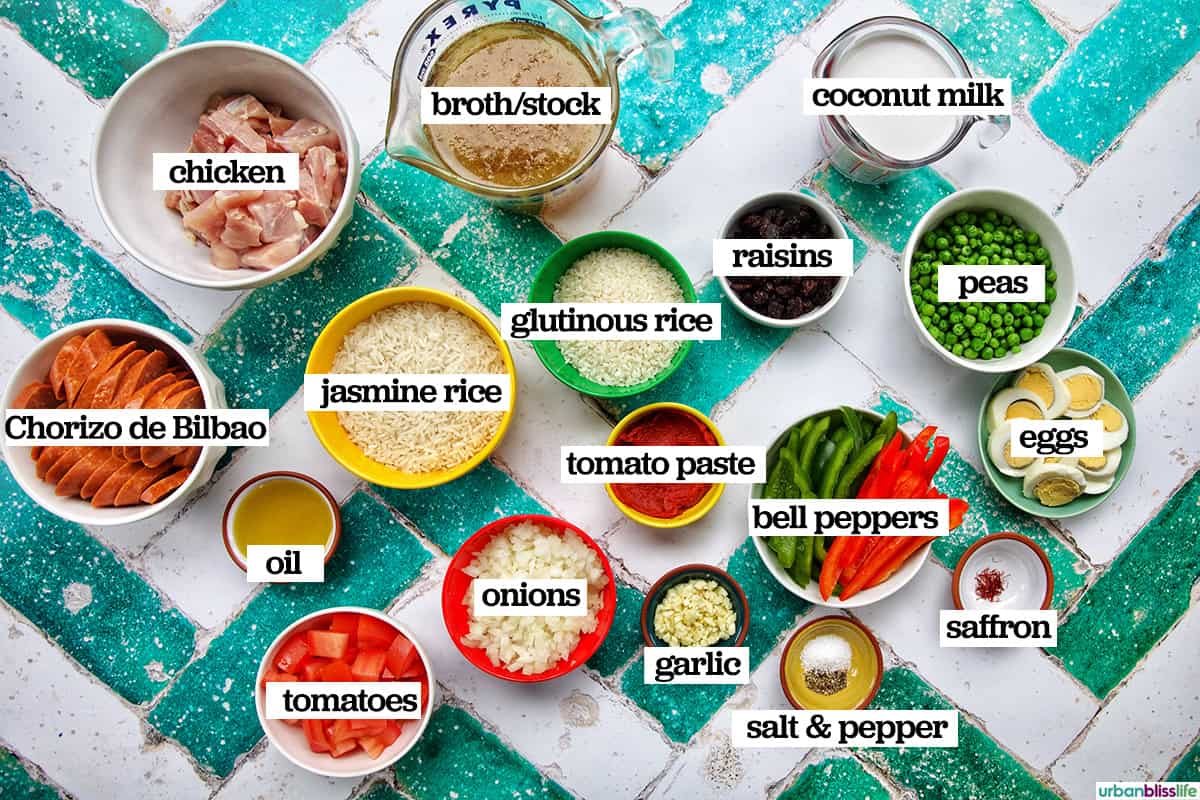 bowls of ingredients to make Arroz a la Valenciana.