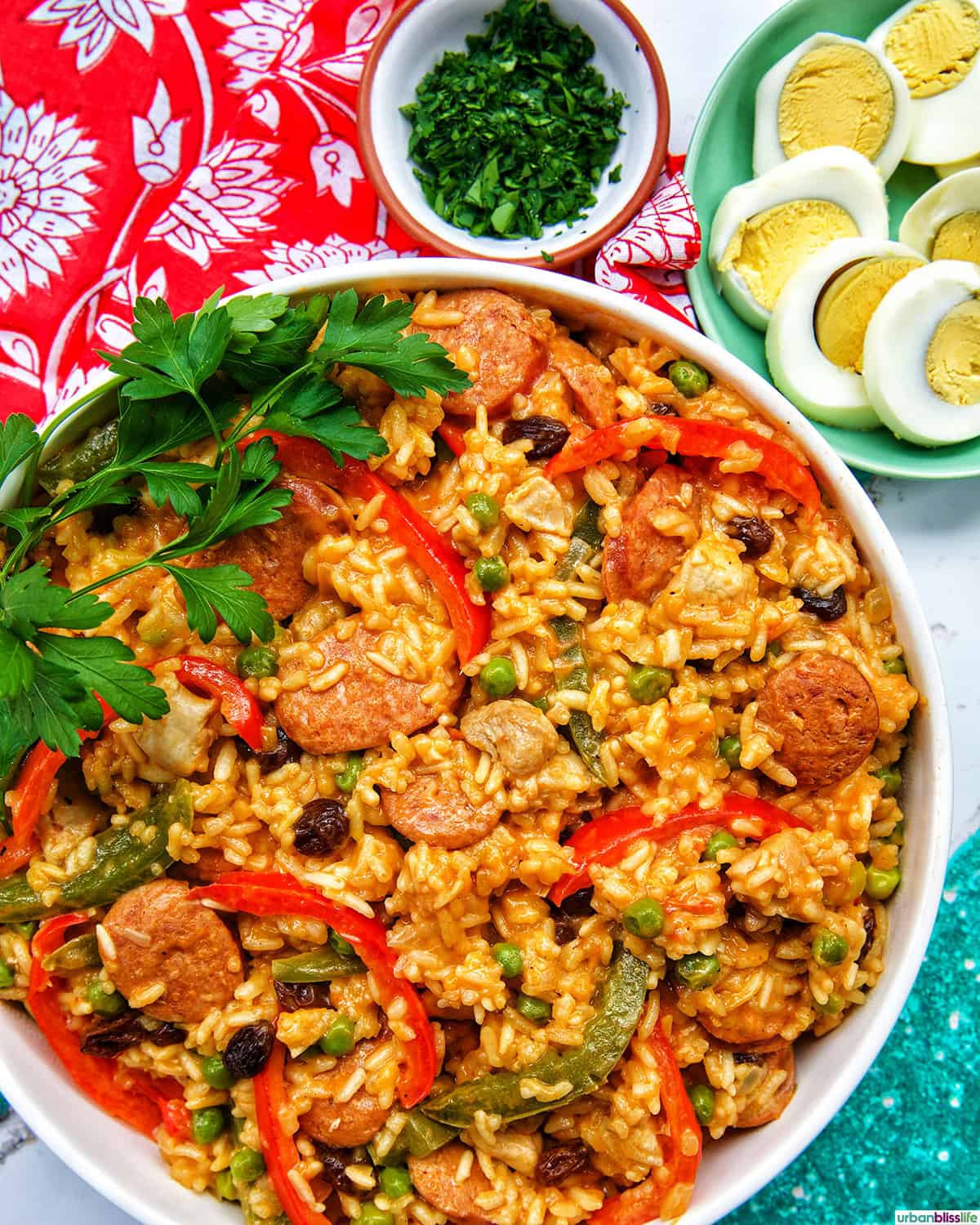 Arroz a la Valenciana with side of sliced hard boiled eggs.