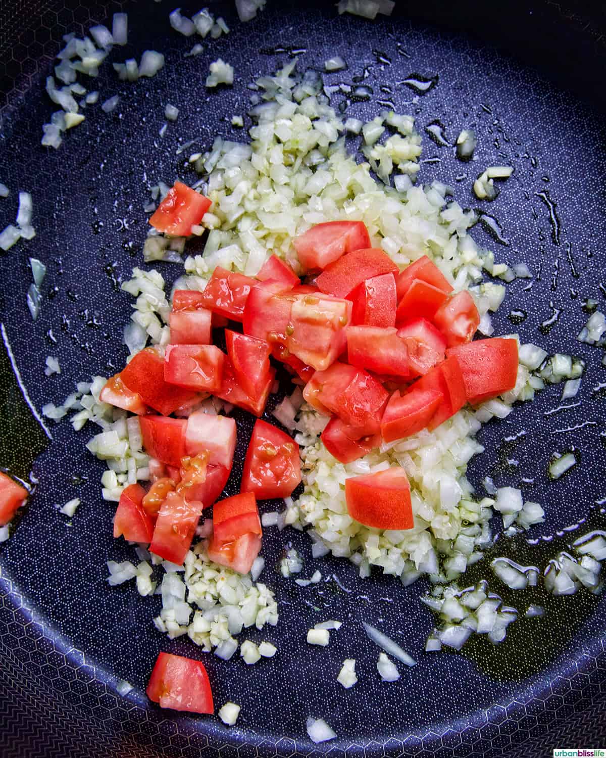 onions, garlic, tomatoes in a skillet.