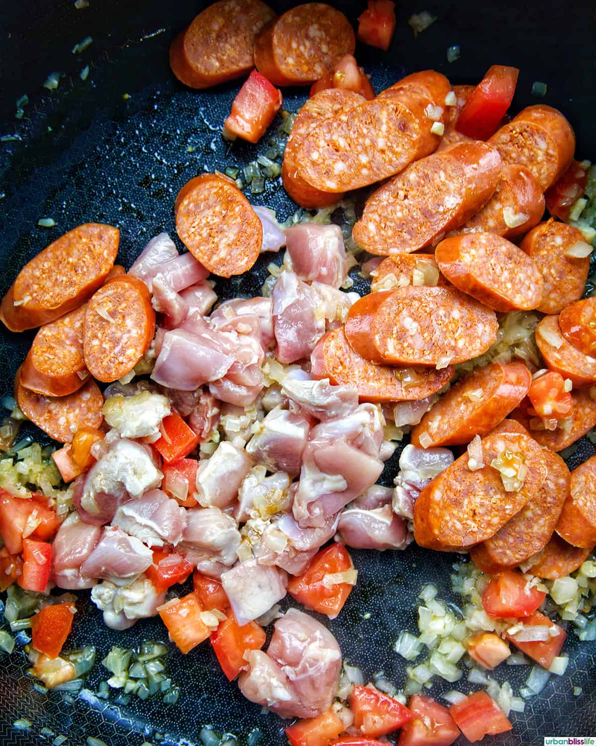 Chorizo de Bilbao, onions, garlic, chicken, tomatoes in a skillet.