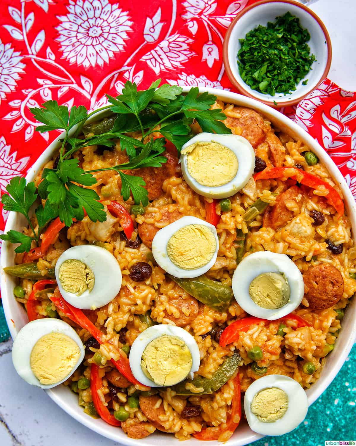 Arroz a la Valenciana topped with sliced hard boiled eggs and side of herbs.