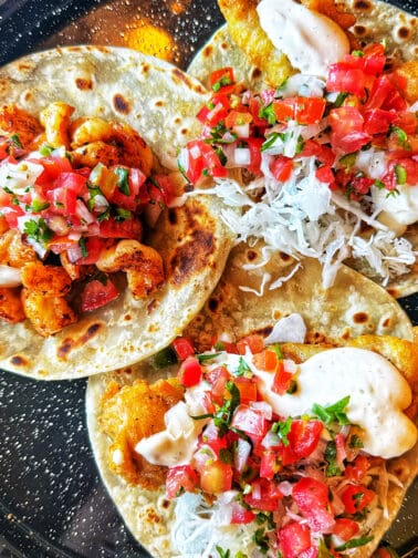 three seafood tacos from Mother Flower in Cabo San Lucas, Mexico.