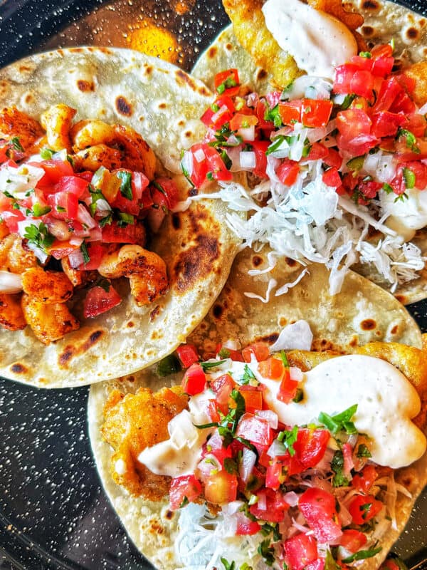 three seafood tacos from Mother Flower in Cabo San Lucas, Mexico.