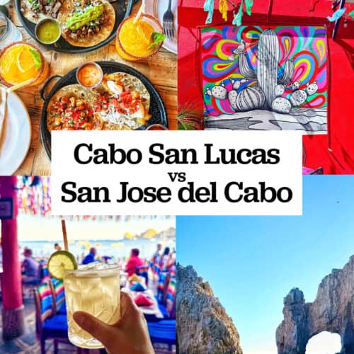 Tacos from Motherflower, The Arch at sunset, colorful artful, margarita at the Office bar, and Cabo San Lucas vs San Jose de Cabo text overlay